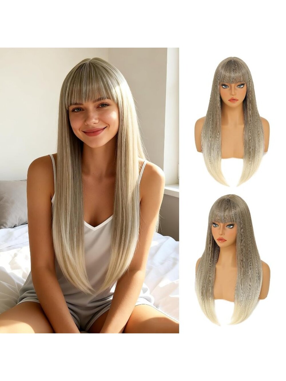 Women's Ashy Blonde 24 Inch Heat Resistant Synthetic Long Straight Bangs Wig